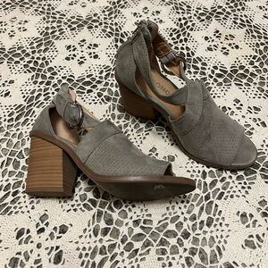 Gray Suede Peep-Toe Block Heel Sandals